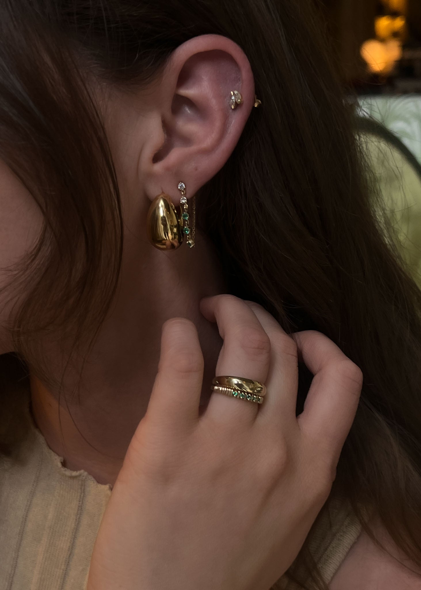 Five Stone Chain Earrings Emerald