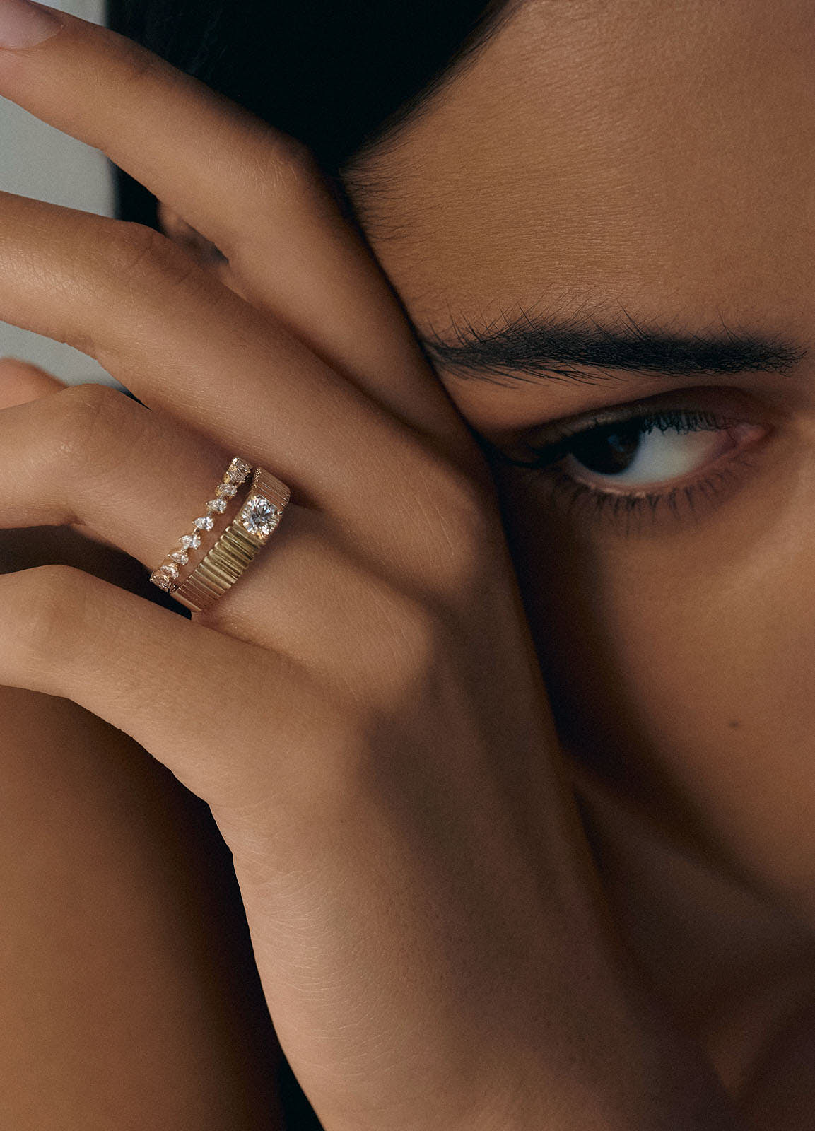 alt="Mini Teardrop Eternity Diamond Ring styled with Solis Ribbed Ring II"