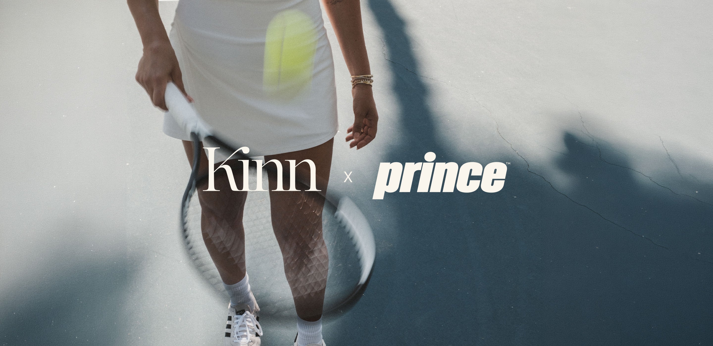 woman bouncing a tennis ball on her racket with the words Kinn x Prince across the image