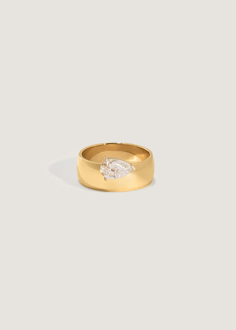 Kinn 14k Gold Porter Cigar Band Ring with a Pear Shaped Diamond