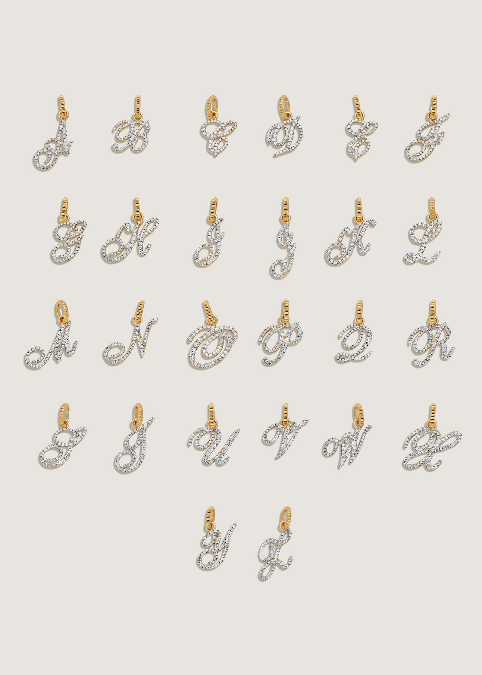 All letter options for the Kinn 14k Gold Pave Diamond Love Letter Pendant against a white background