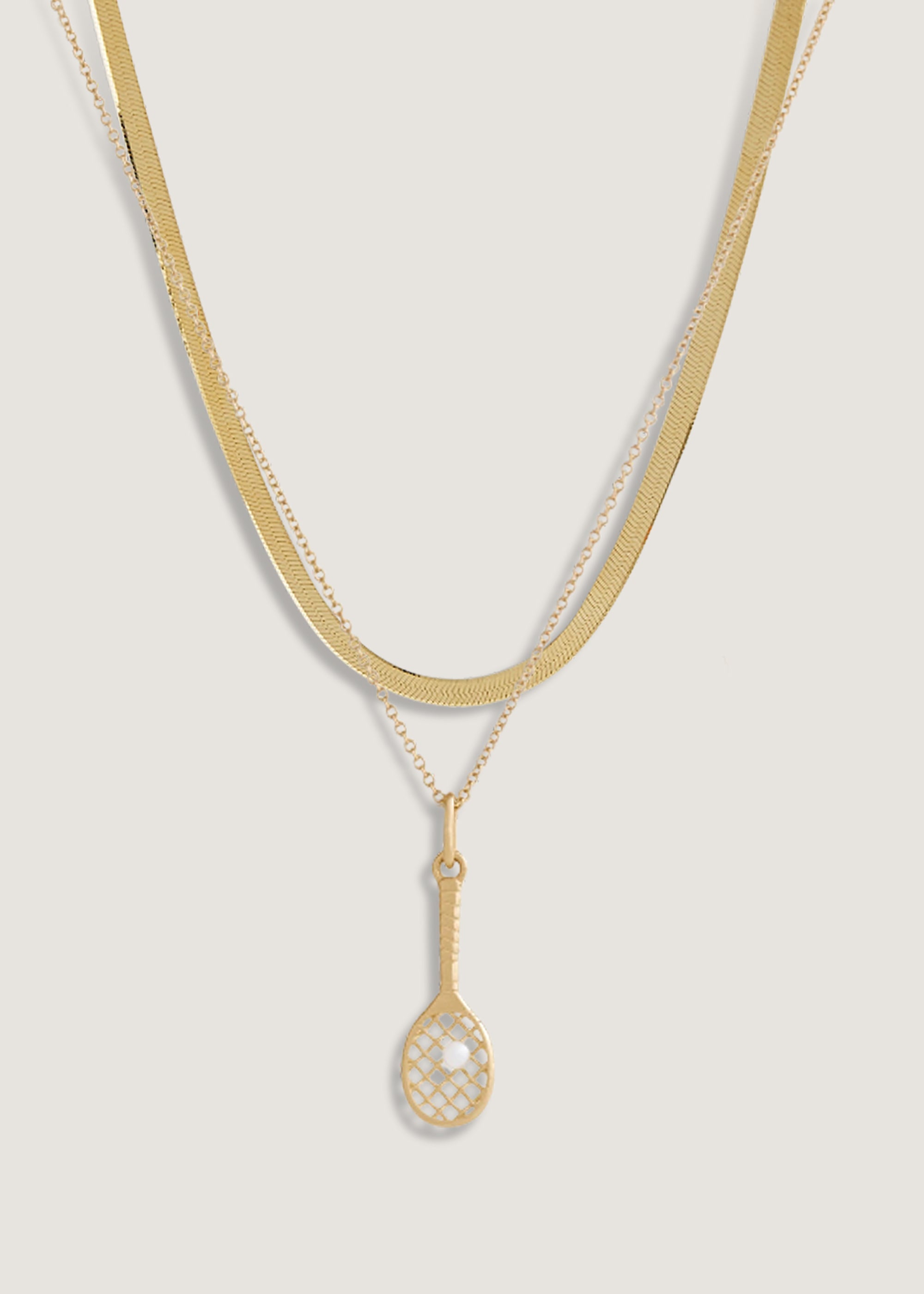 Petite Carter Herringbone & Kinn x Sunset Tennis Club Ball And Racquet Necklace Pearl Stack