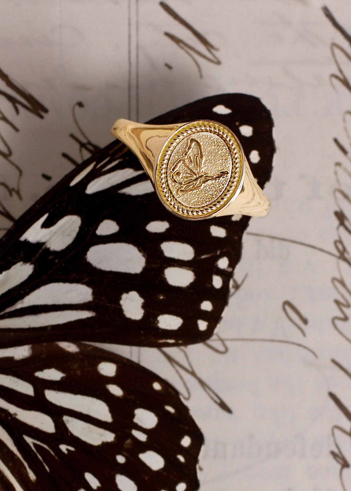 A Kinn 14k Gold Butterfly Dream Signet Ring sitting upright against a butterfly print