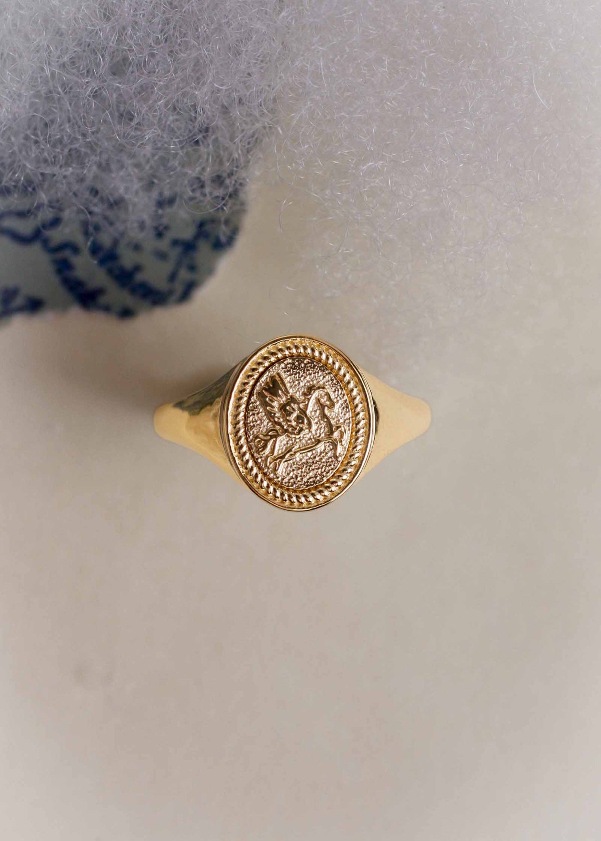 close up of a Kinn 14k Gold Pegasus Dream Signet Ring