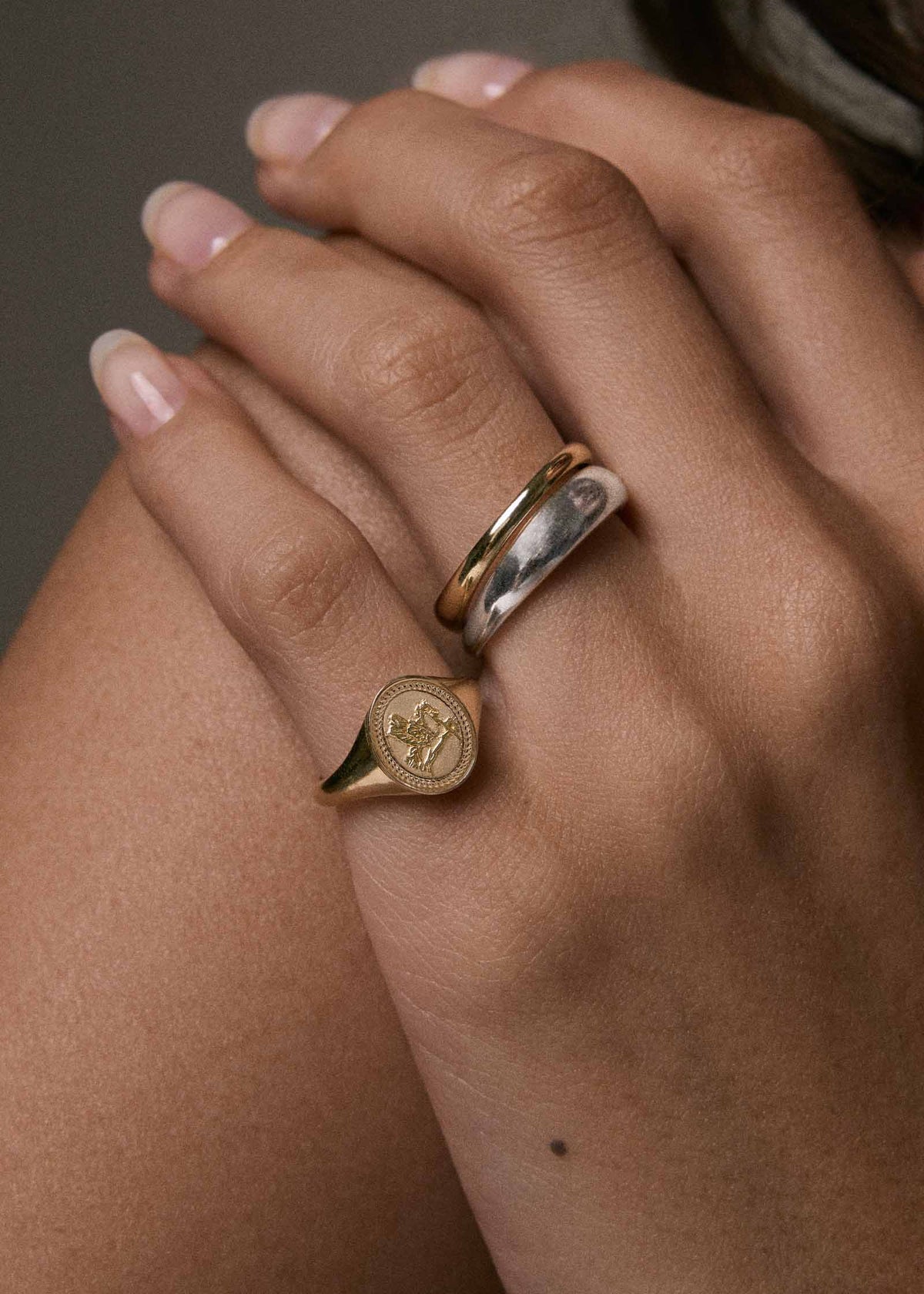 A close-up of a person's hand wearing a Kinn 14k Gold Pegasus Dream Signet Ring