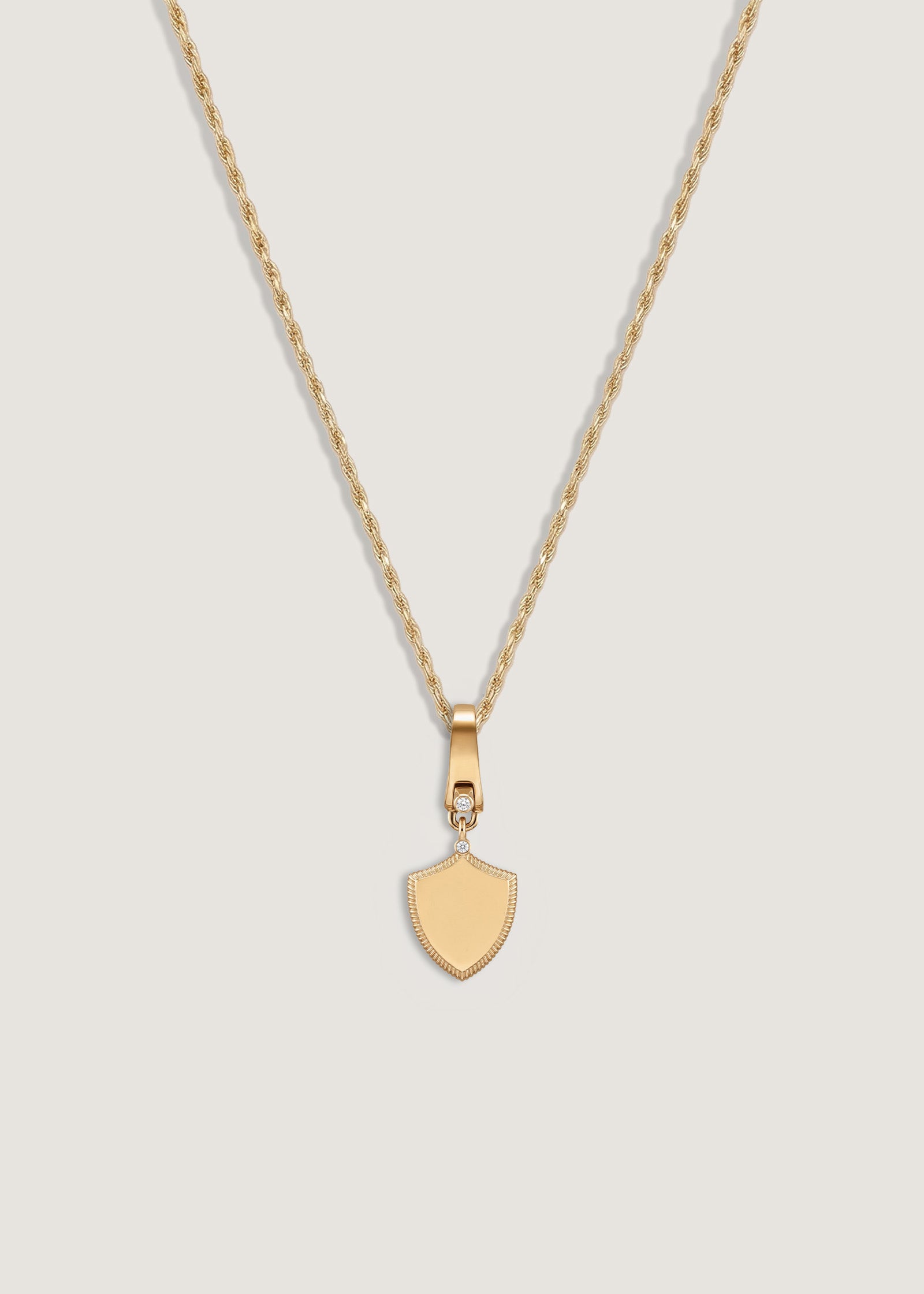 Kinn 14k Gold Ace Shield Diamond Pendant Necklace with Petite Rope Chain - Engraving