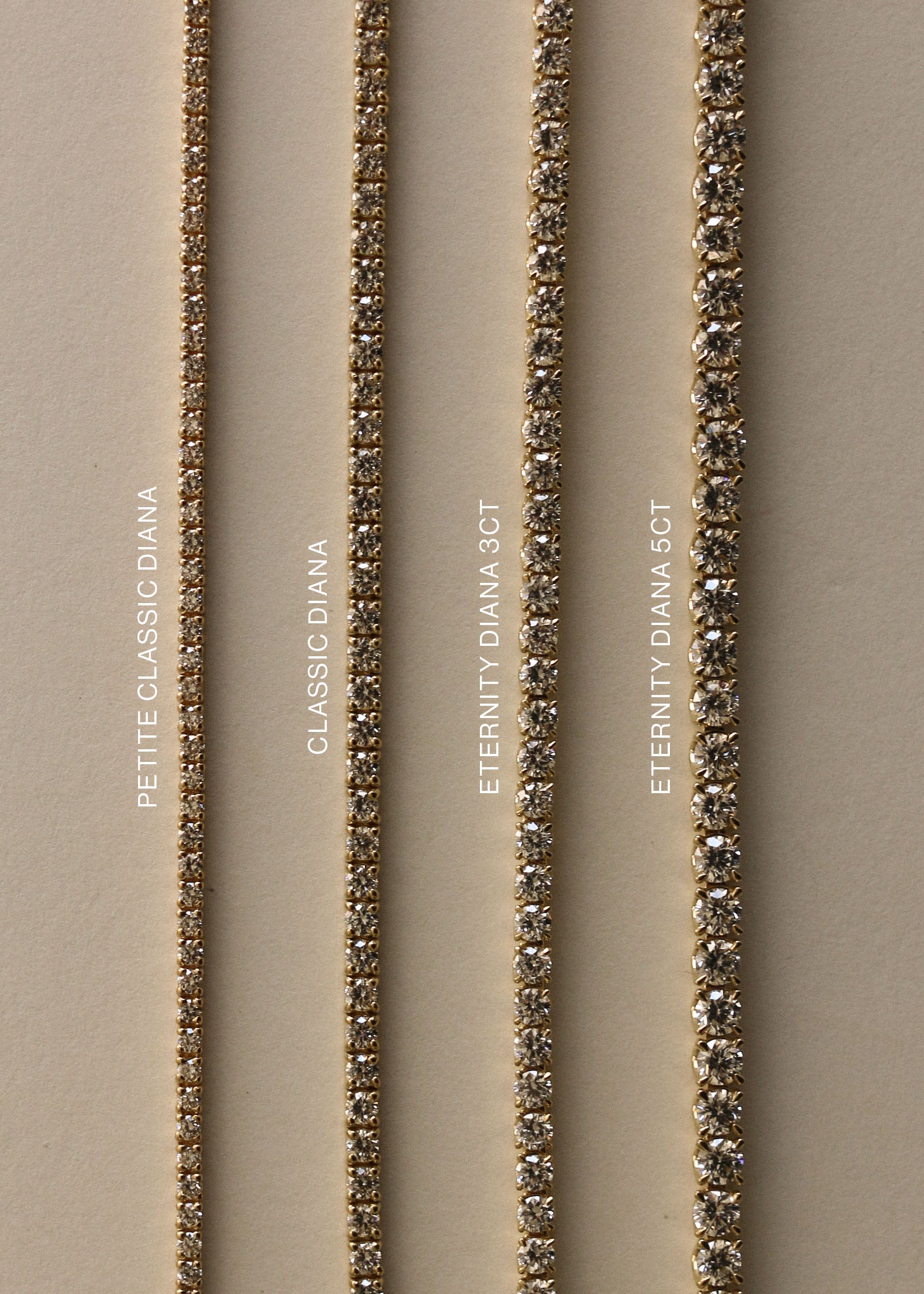 A comparison flat lay image of the Kinn Studio 14k Gold 5ctw Diana Diamond Eternity Tennis Bracelet laying next to the 3ctw version, the Classic Diana Diamond Tennis Bracelet and the Petite Classic Diana Diamond Tennis Bracelet