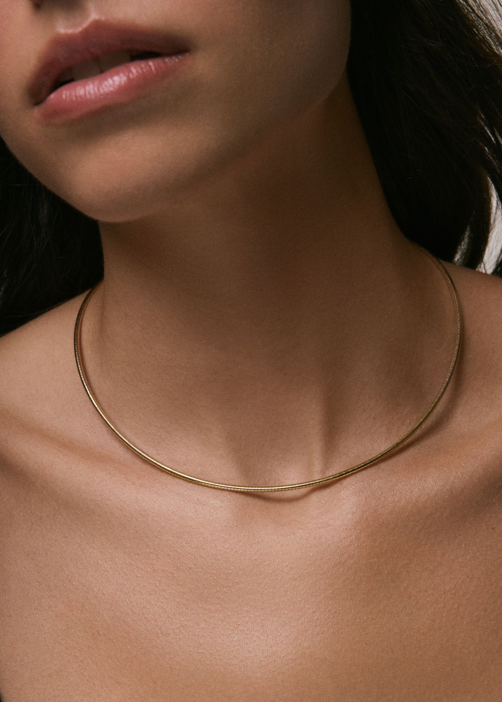 woman wearing a Kinn Studio 14k Gold Heirloom Curved Chain Necklace