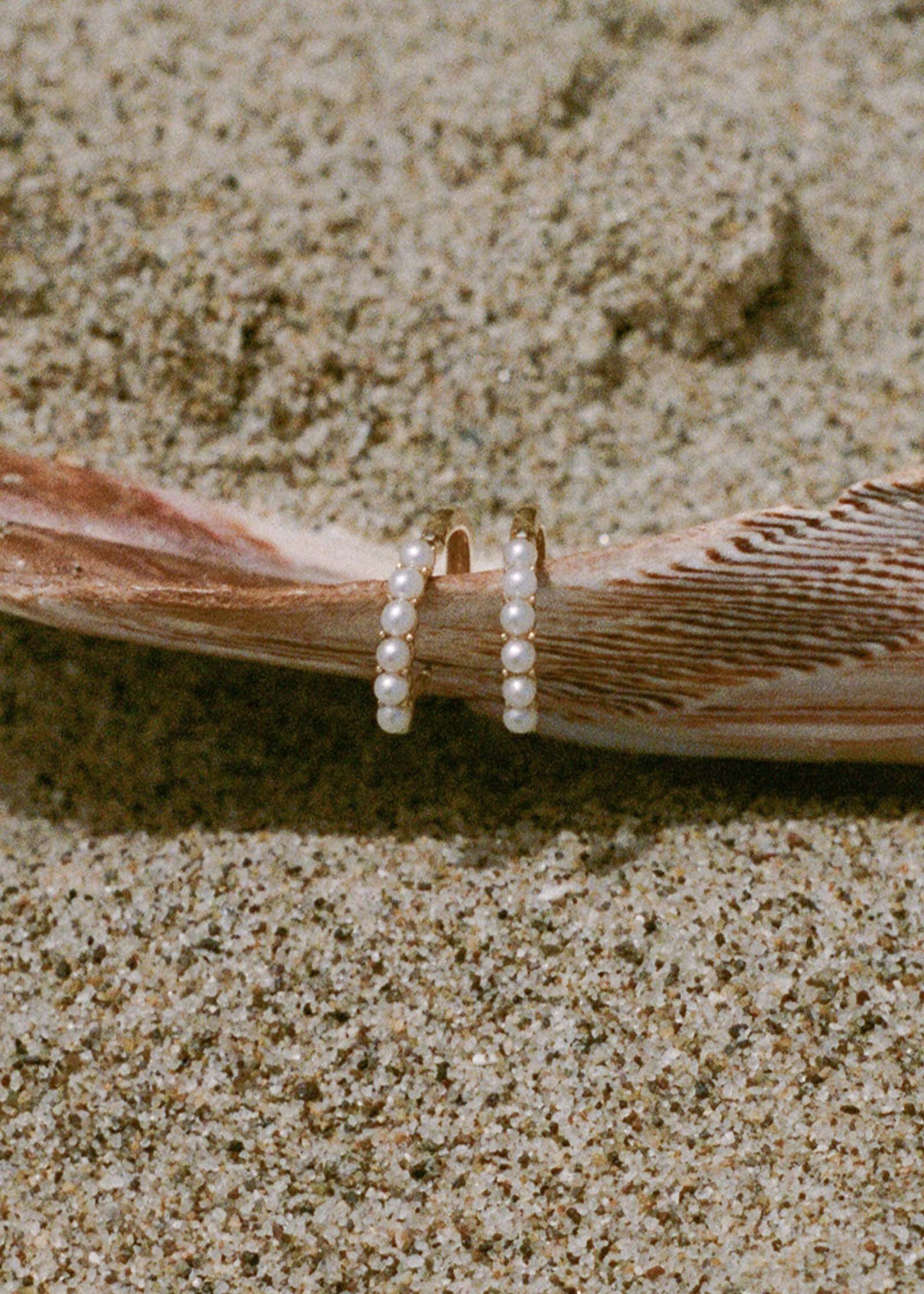 Pair of Kinn 14k Gold Marina Pearl Huggie Hoop Earrings hooked onto a piece of driftwood against a sandy beach