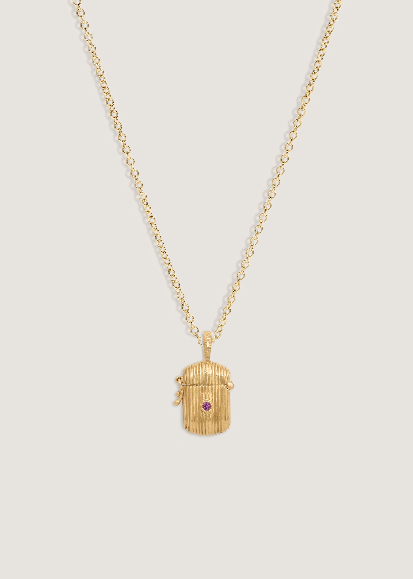 Kinn 14k Gold Relic Ribbed Locket Pendant Necklace with a bezel set round amethyst