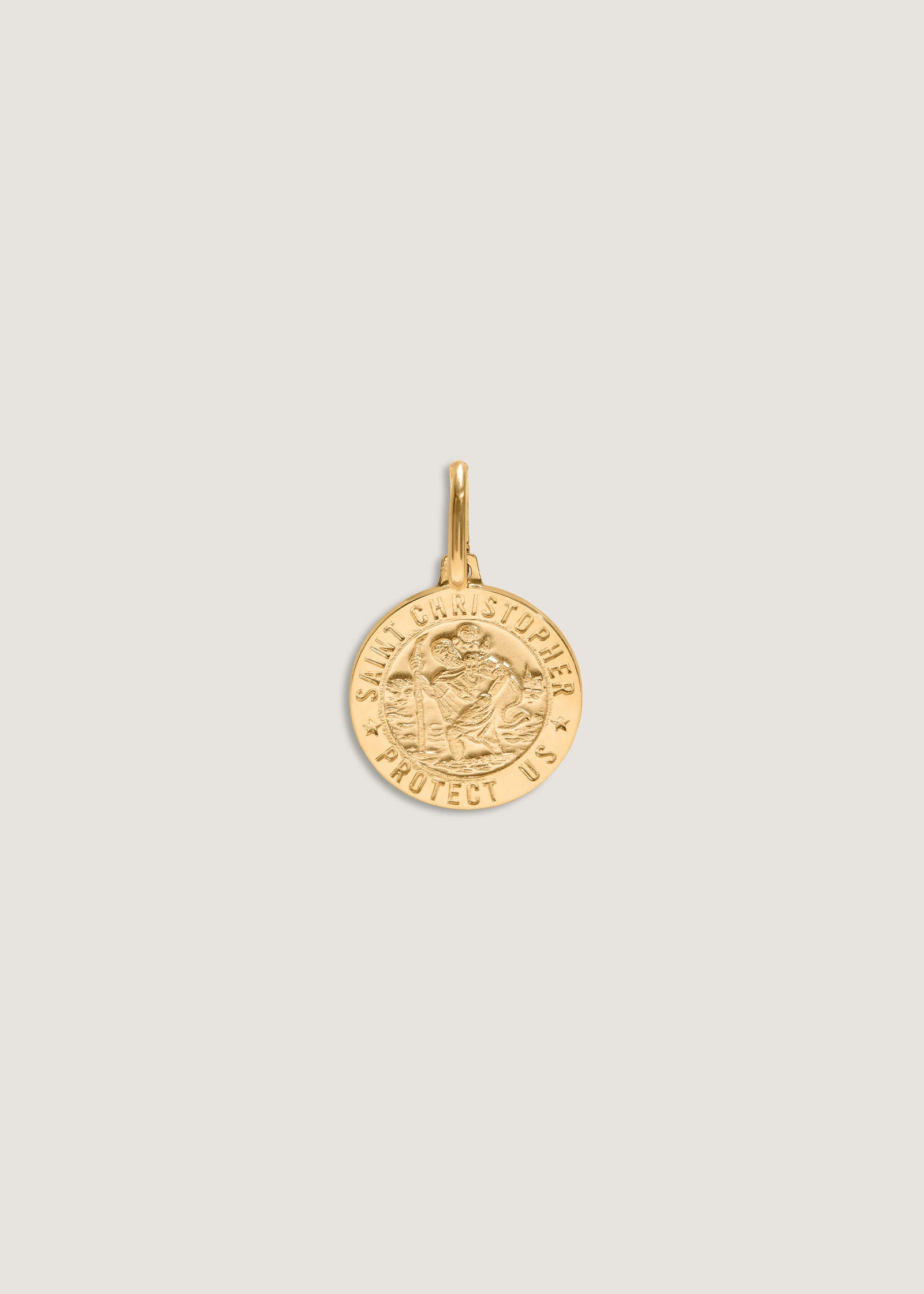 Kinn 14k Gold Saint Christopher Charm Pendant engraved with "Protect Us"