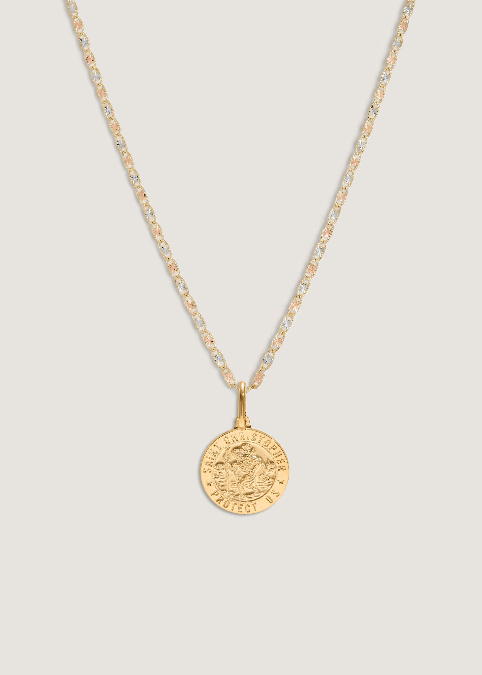 Kinn 14k Gold Saint Christopher Necklace on Valentino Tri Color Gold Chain