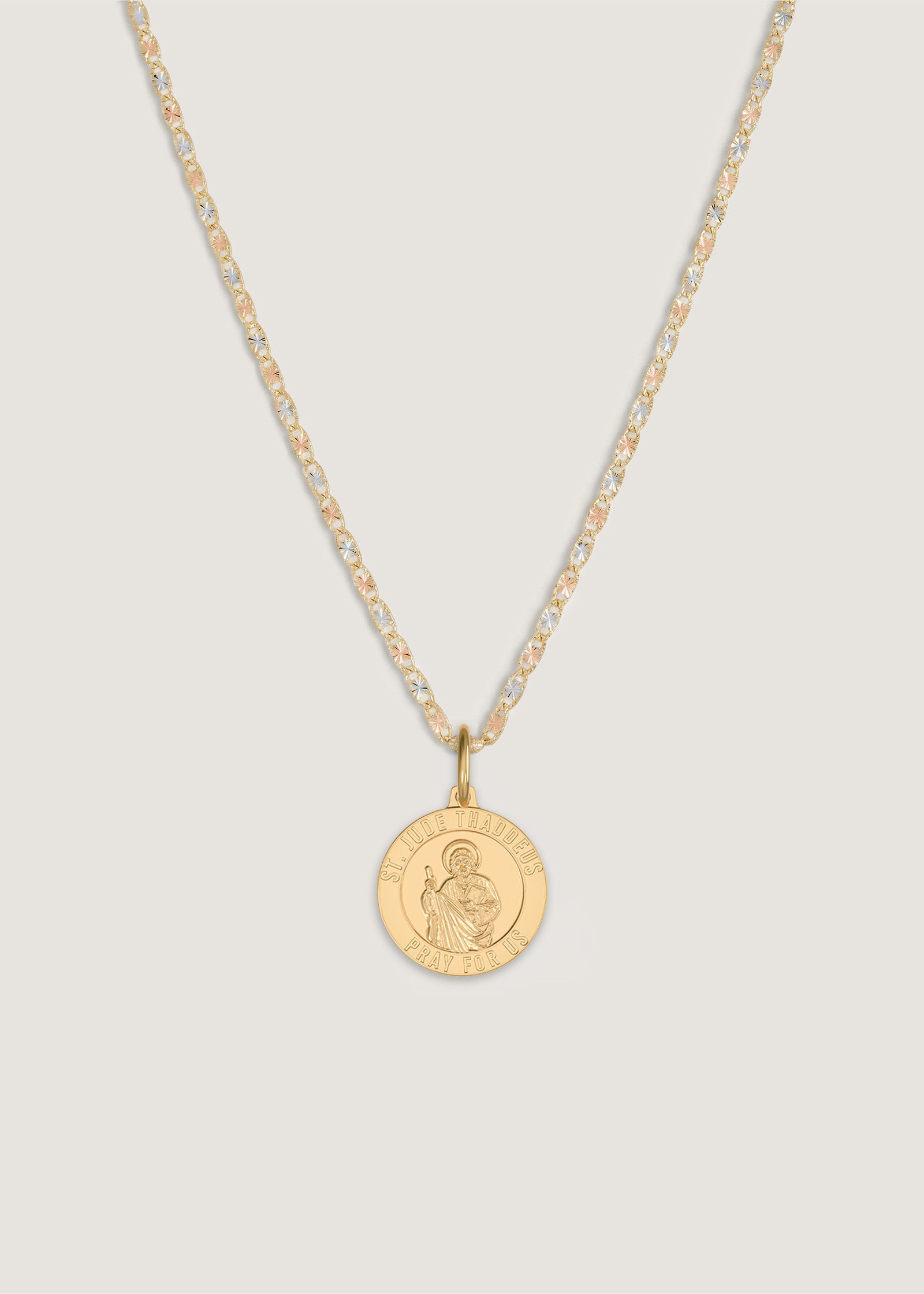 Kinn 14k Gold Saint Jude Necklace on a Valentino Tri Color Chain
