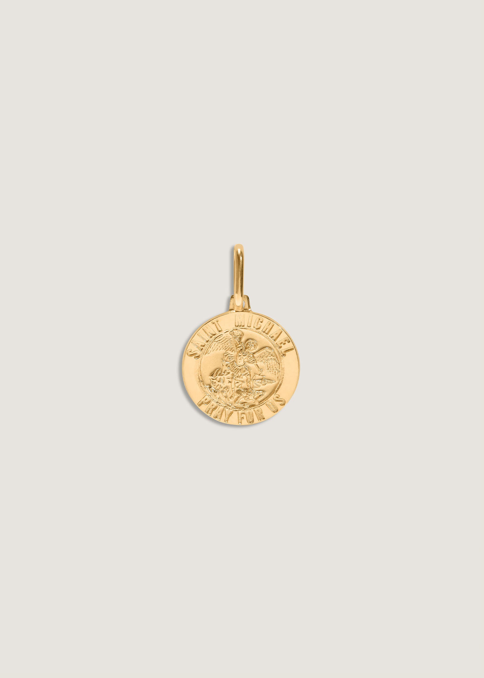 Kinn 14k Gold Saint Michael Charm Pendant engraved with "Pray for Us"