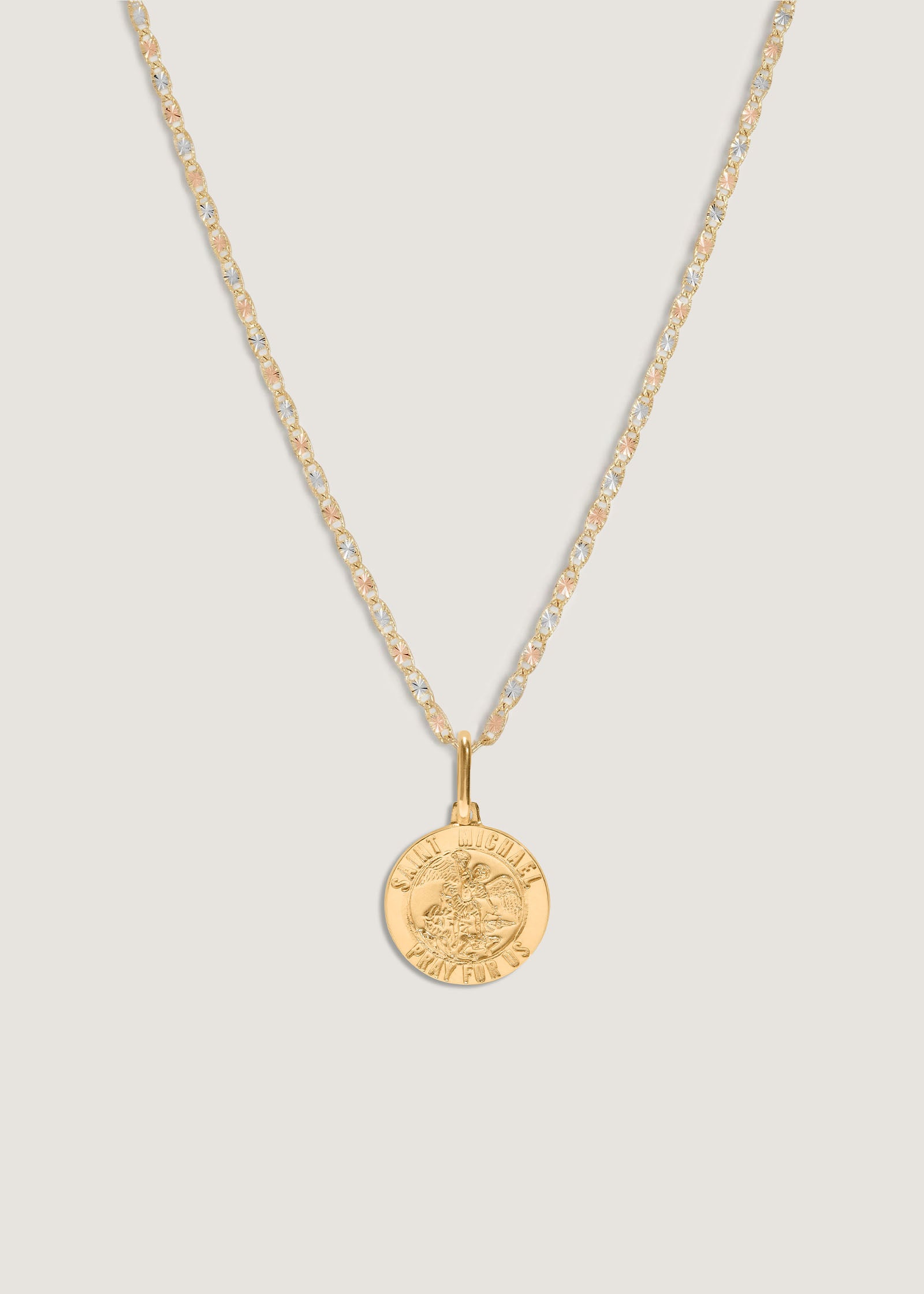 Kinn 14k Gold Saint Michael Necklace on Valentino Tri Color Gold Chain