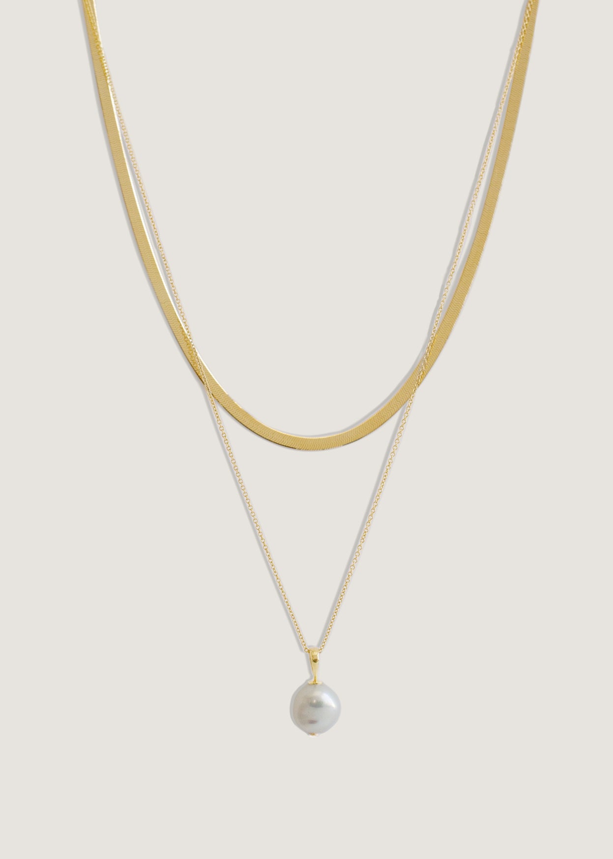 Carter Herringbone Chain II & Baroque Pearl Drop Necklace Stack