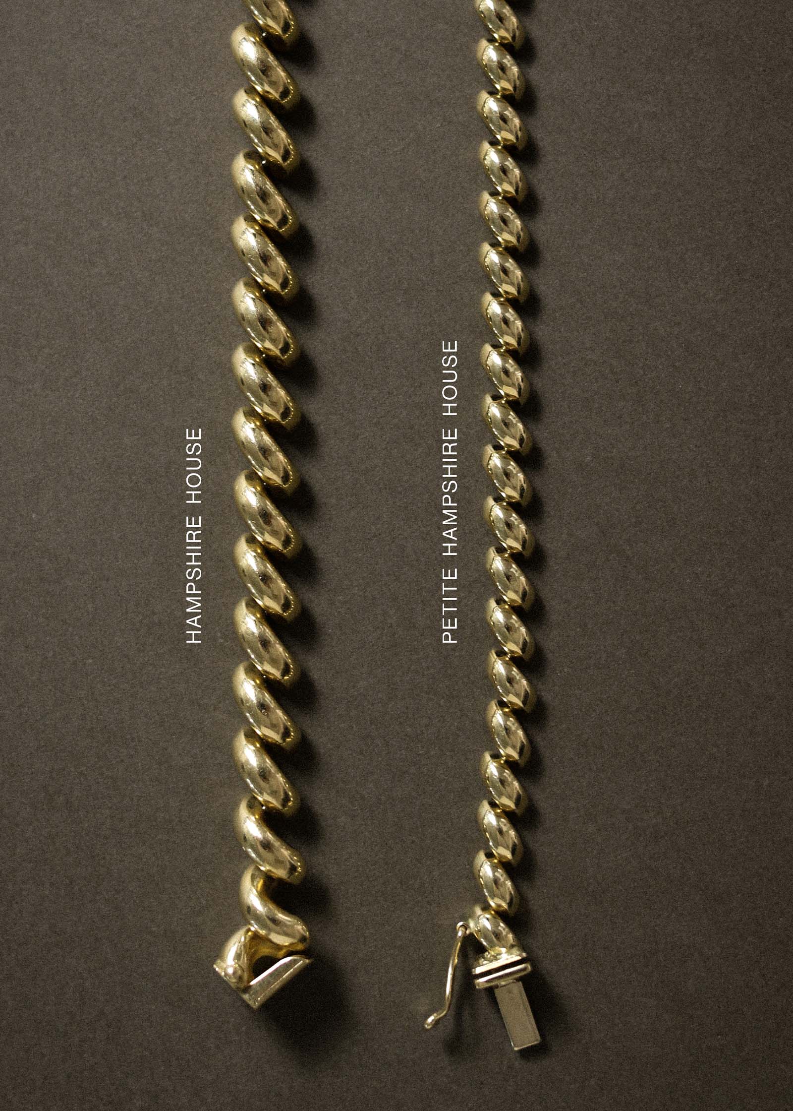 Kinn 14k Yellow Gold Petite Hampshire House Bracelet lined up next to a Hampshire House bracelet for size comparison