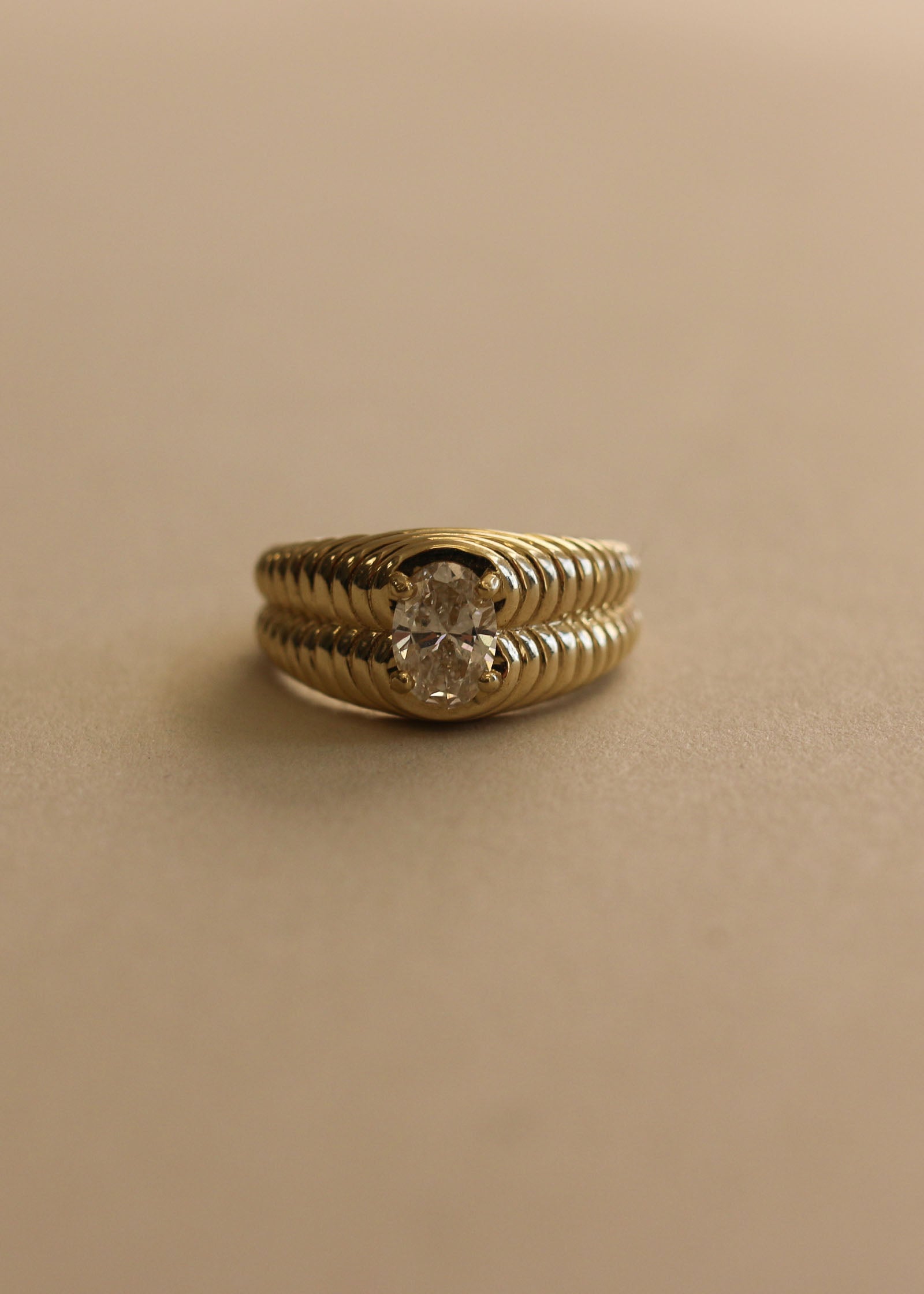 Vintage 14k Oval Diamond Double Ribbed Band Ring