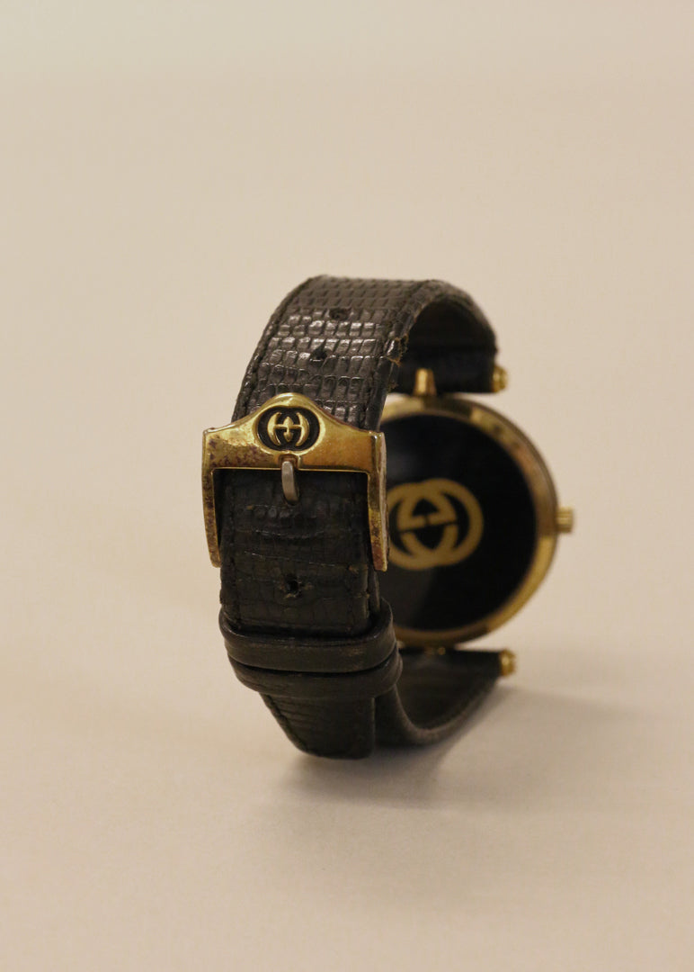 Back view of the Kinn Vintage Gucci Leather Watch Black