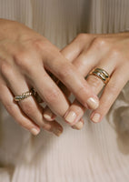 alt="Dare To Love Dome Ring I (NON-HOLLOW) styled with an amelia dome ring I and a claudine twist ring II"