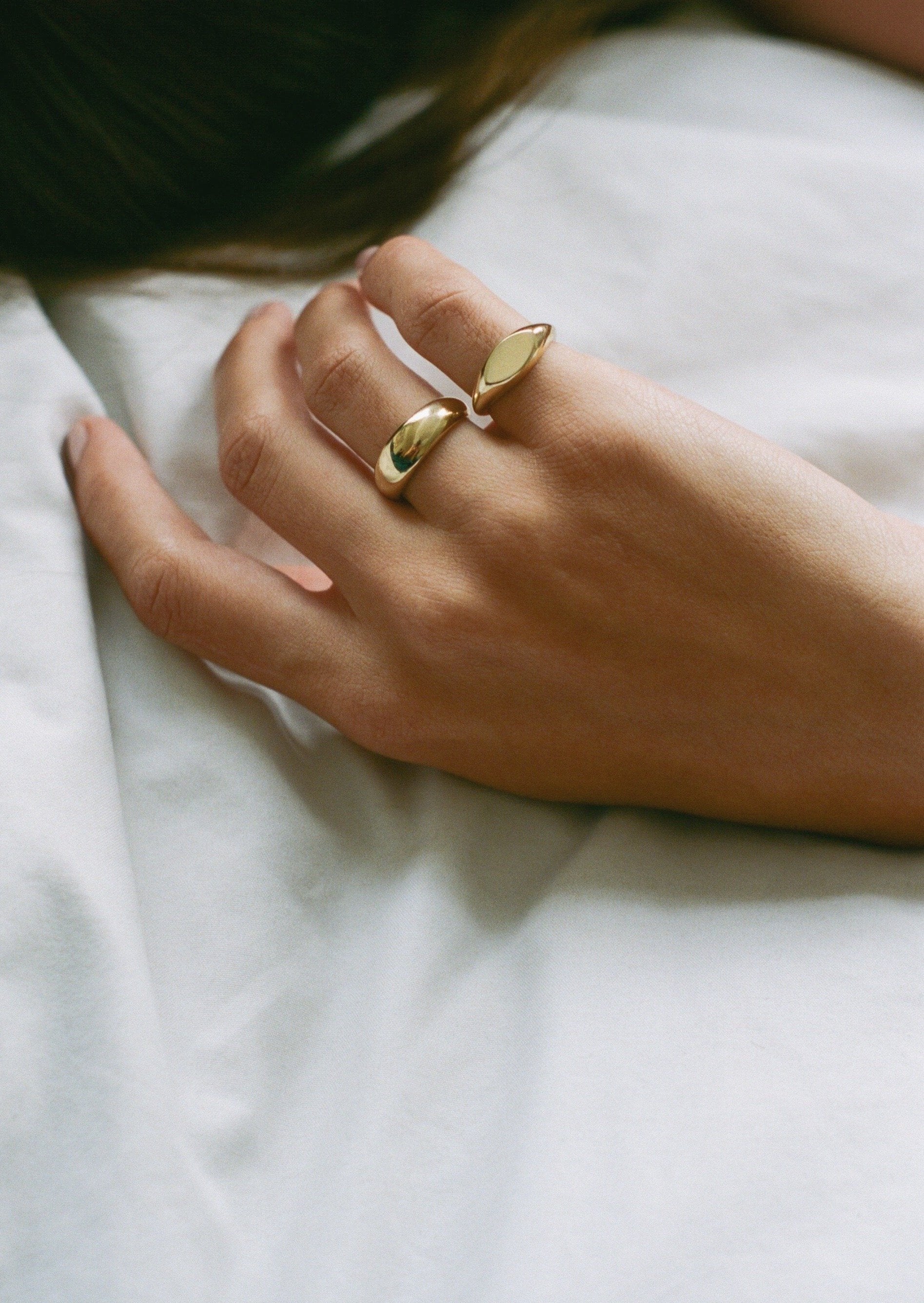 alt="Dare To Love Dome Ring II styled with the eloise oval signet ring I"