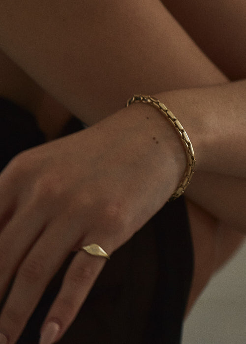 alt="Petite North Star Signet Ring styled with the Theo Elongated Chain Bracelet"