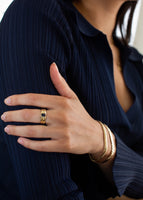 alt="Françoise Stacked Ellipse Ring II - Blue Sapphire styled with the Cobra I and Cobra II chain bracelet"