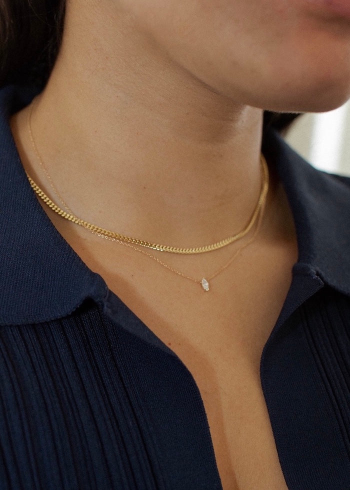 alt="Petite Capri Curb Chain Necklace with marquise diamond necklace"