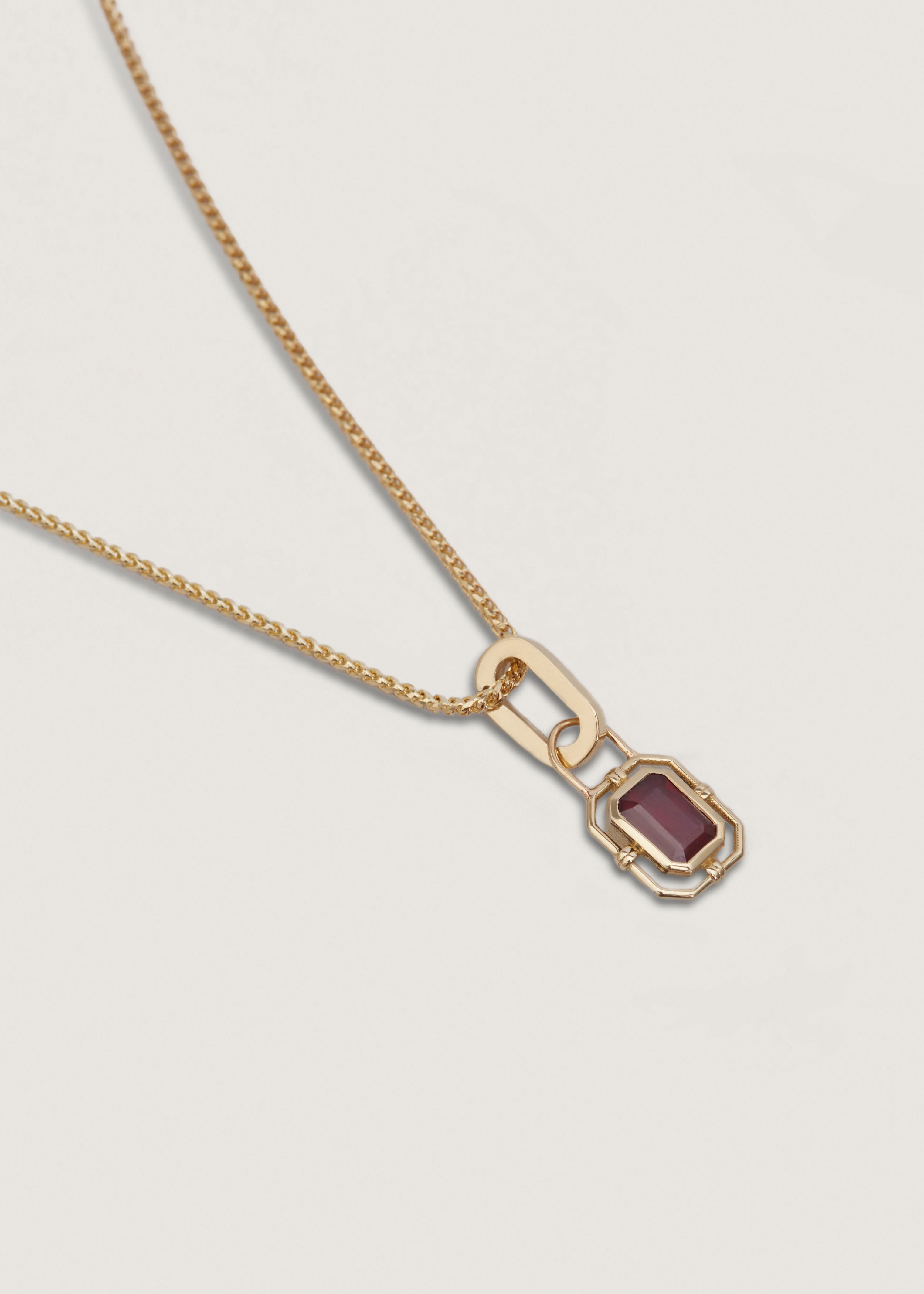 alt="Lyra Baguette Pendant I - Ruby with box chain"