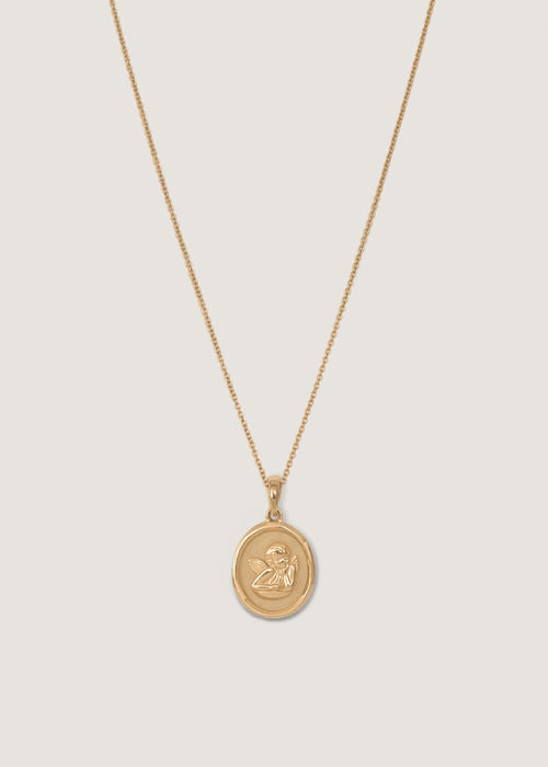 alt="Elusive Cherub Necklace with a rolo chain"