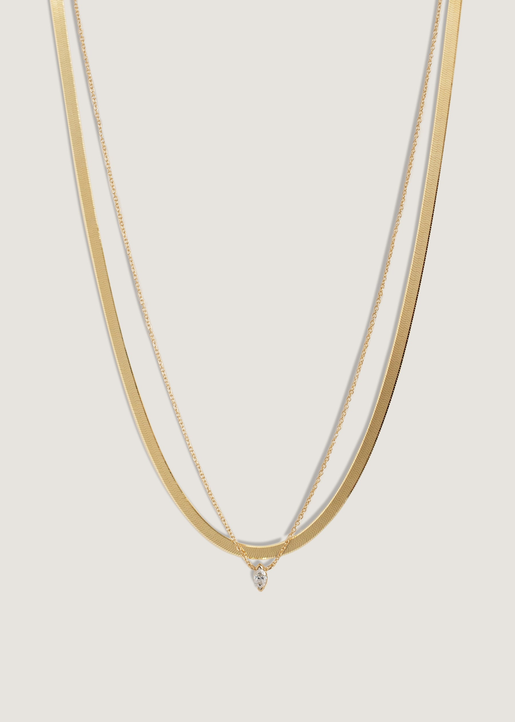 alt="Carter Herringbone II & Marquise Diamond Necklace Stack"